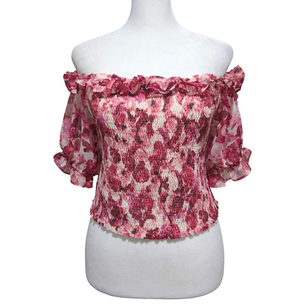 Express Pink Floral Smocked Off The‎ Shoulder Ruffle Top Short Sleeve Cottage M